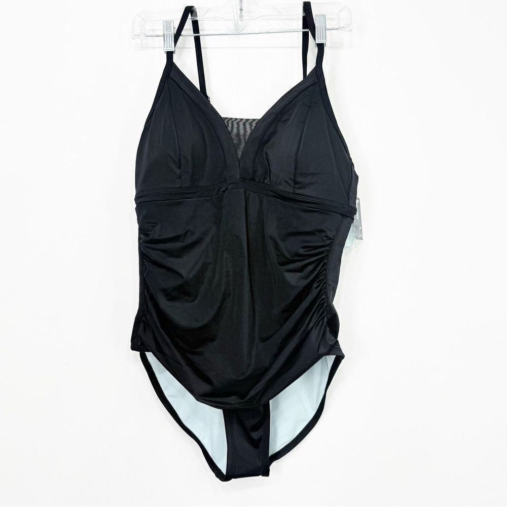 DSG ZOE Ebony Black Ruched Side Mesh V One Piece Bathing Suit Swimsuit NEW
